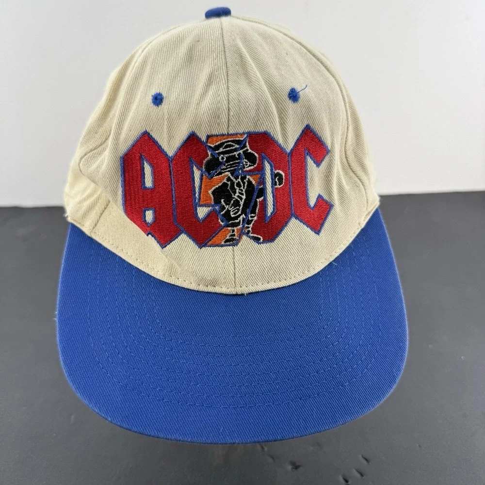 VINTAGE AC/DC Hat Cap Snap Back Blue White Embroidered Graphic Band Mens 90s